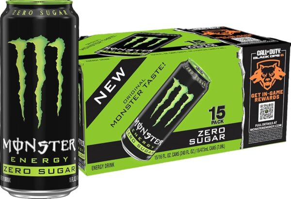 Monster Energy Zero Sugar, Green, Original, Low Calorie Energy Drink, 16 ounce (Pack of 15)