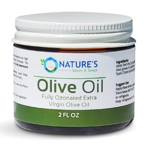 Nature's Salves and Soaps Fully Ozonated 100% Organic Cold Pressed Extra Virgin Olive Oil. Holistic, Homeopathic, Natural, Dental, Skin, Hair - 2 Oz - * Glass Jar *