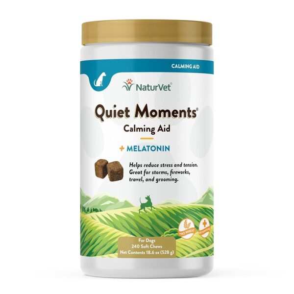 NaturVet Quiet Moments Calming Aid Melatonin Dog Supplement – Helps Reduce Stress in Dogs – for Pet Storm Anxiety, Fireworks, Motion Sickness, Grooming, Separation, Travel – 240...