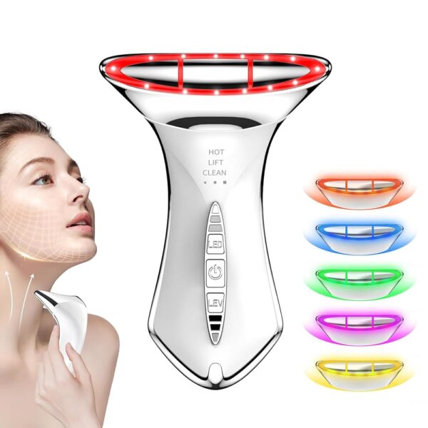 Neck and Face Massager with 5 Color Led for Skin Care,Water Resistant True Beauty Glow Facial Sculptor (White-Silver)