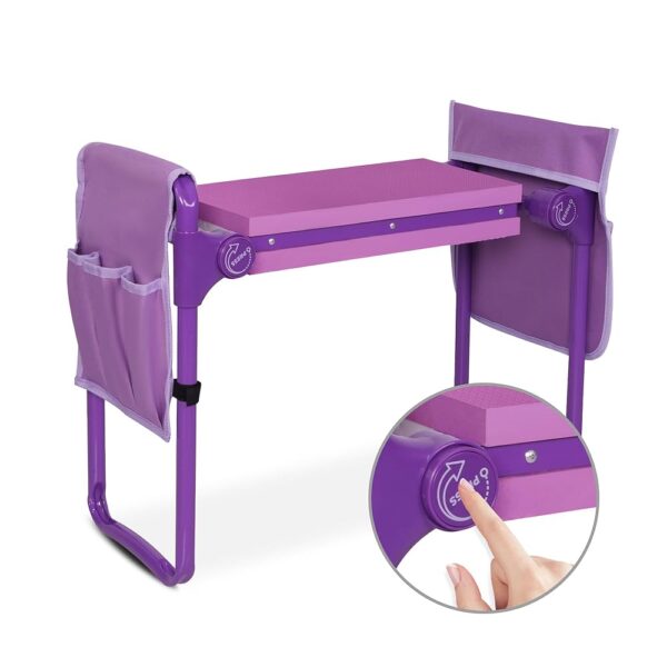 New Generation Garden Kneeler and Seat with 2 Tool Pouches, Foldable Garden Stool with EVA Foam Kneeling Pad, 2 in 1 Heavy Duty Portable Gardening Bench, Purple