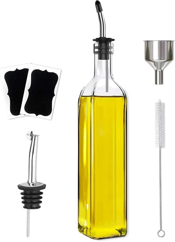 Olive Oil Dispenser Bottle, 1 Pcs Glass Olive Oil Dispenser and Vinegar Dispenser Set with 2 Stainless Steel Pourers, 2 Labels,1 Brush and 1 Funnel Oil Bottles for Kitchen (500ml)