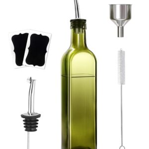 Olive Oil Dispenser Bottle, 1 Pcs Green Glass Olive Oil Dispenser and Vinegar Dispenser Set with 2 Stainless Steel Pourers, 2Labels,1 Brush and 1 Funnel Oil Bottles for Kitchen,...