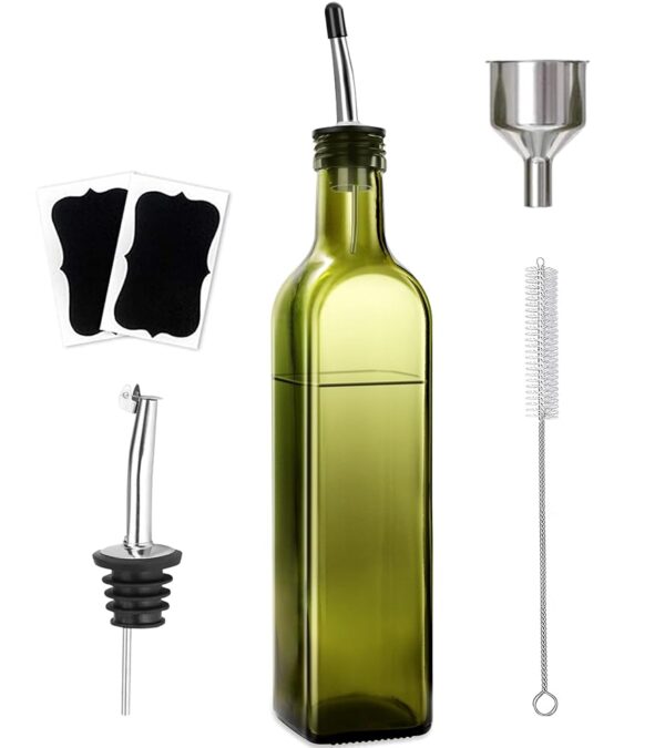 Olive Oil Dispenser Bottle, 1 Pcs Green Glass Olive Oil Dispenser and Vinegar Dispenser Set with 2 Stainless Steel Pourers, 2Labels,1 Brush and 1 Funnel Oil Bottles for Kitchen,...