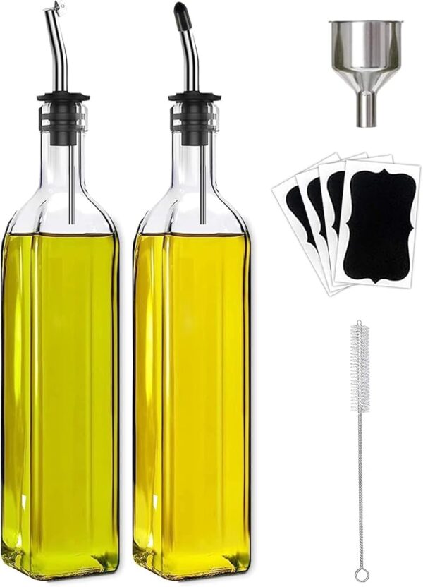 Olive Oil Dispenser Bottle, 2 Pcs Glass Olive Oil Dispenser and Vinegar Dispenser Set with 2 Stainless Steel Pourers, 4 Labels,1 Brush and 1 Funnel Oil Bottles for Kitchen (500ml)