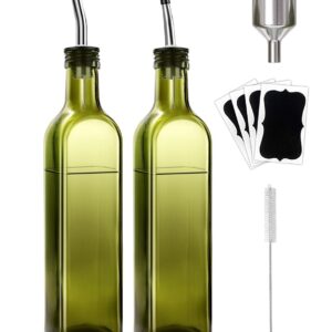 Olive Oil Dispenser Bottle, 2 Pcs Green Glass Olive Oil Dispenser and Vinegar Dispenser Set with 2 Stainless Steel Pourers, 4 Labels,1 Brush and 1 Funnel Oil Bottles for Kitchen...