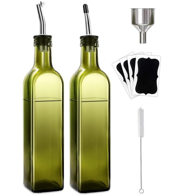 Olive Oil Dispenser Bottle, 2 Pcs Green Glass Olive Oil Dispenser and Vinegar Dispenser Set with 2 Stainless Steel Pourers, 4 Labels,1 Brush and 1 Funnel Oil Bottles for Kitchen...