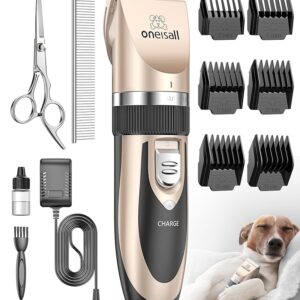 oneisall Dog Clipper Low Noise, Dog Grooming Kit with Rechargeable, Dog Shaver Cordless Electric Quiet Hair Clipper Set for Dog Cats Pets（Gold）