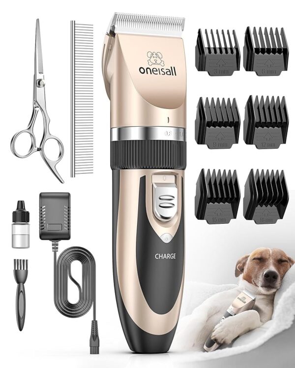 oneisall Dog Clipper Low Noise, Dog Grooming Kit with Rechargeable, Dog Shaver Cordless Electric Quiet Hair Clipper Set for Dog Cats Pets（Gold）