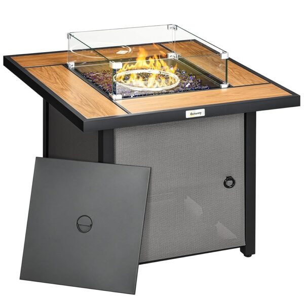 Outsunny 31 Inch Outdoor Propane Gas Fire Pit Table, 50,000 BTU Auto-Ignition Square Gas Firepit with Ceramic Tabletop, Glass Wind Guard, Lid, Glass Beads, Rain Cover, CSA...