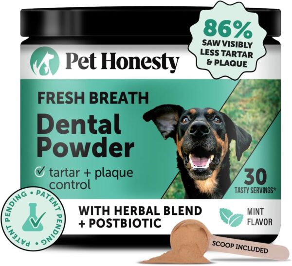 Pet Honesty Dog Breath Freshener Dental Powder for Teeth Cleaning Plaque Off, Dental Care for Dogs, Tartar Remover for Teeth with Natural Herbal Blend + Postbiotics (Mint - 30...