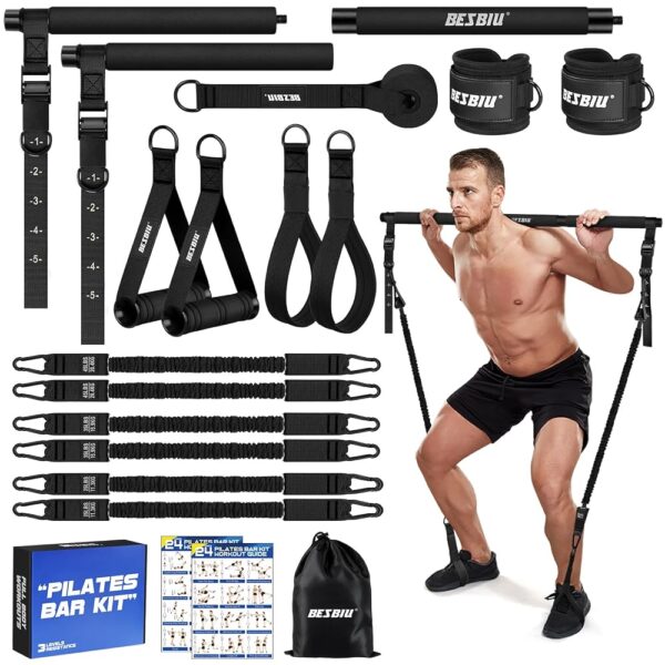 Pilates Bar Kit with Resistance Bands for Working Out, 210lbs Heavy Resistance Bands with Handles, Pilates Equipment with Resistance Band Bar for Men Women, at Home Gym Full...