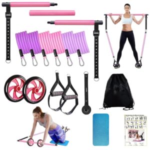 Pilates Bar Kit with Resistance Bands for Working Out, Pilates Equipment with Ab Roller for All Fitness Levels, Portable Home Gym Full Body Workout Equipment for Women&Men