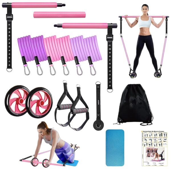 Pilates Bar Kit with Resistance Bands for Working Out, Pilates Equipment with Ab Roller for All Fitness Levels, Portable Home Gym Full Body Workout Equipment for Women&Men