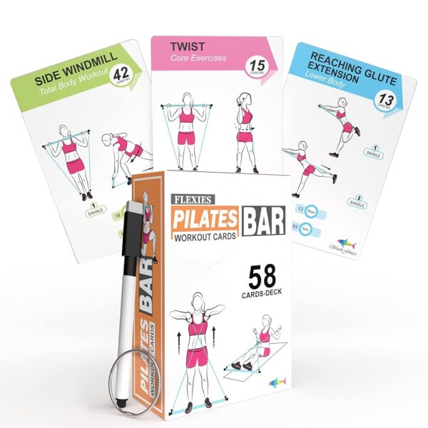 Pilates Bar Workout Cards - 58 Exercise Cards with Pilates Stick Work Out Postures, Instructions & Breathing Tips | Free Ring & Dry-Erase Marker to Create Your Customize Workout...