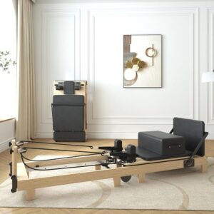 Pilates Reformer, PAETA Wooden Foldable Pilates Reformer Machine with Springs, Pilates Machines for Home Use and Studio, Pilates Equipment with Sitting Box, Jump Board and...