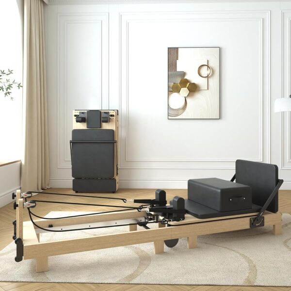 Pilates Reformer, PAETA Wooden Foldable Pilates Reformer Machine with Springs, Pilates Machines for Home Use and Studio, Pilates Equipment with Sitting Box, Jump Board and...