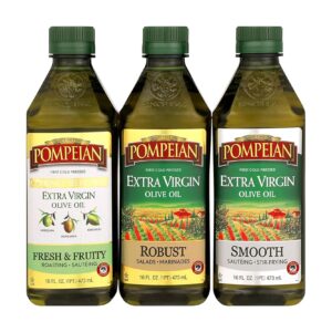 Pompeian Extra Virgin Olive Oil Variety Pack - Smooth EVOO, Gourmet Selection EVOO, Robust EVOO, First Cold Pressed, Naturally Gluten-Free, Non-Allergenic, Non-GMO, 16 Fl Oz...