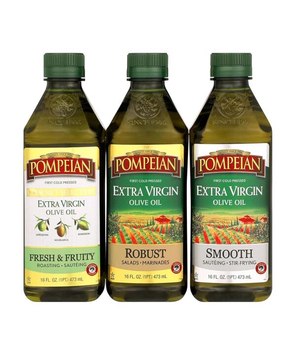 Pompeian Extra Virgin Olive Oil Variety Pack - Smooth EVOO, Gourmet Selection EVOO, Robust EVOO, First Cold Pressed, Naturally Gluten-Free, Non-Allergenic, Non-GMO, 16 Fl Oz...