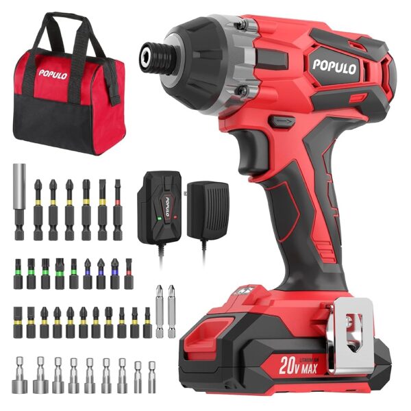 POPULO Cordless Impact Driver Set with Bit Holder, 20V MAX 1/4" Hex Chuck Impact Drill, 250N.m (2,250 in-lbs) Power, 39 Piece S2 Impact Driver Drill Bit Set, 2.0 Ah Battery,...
