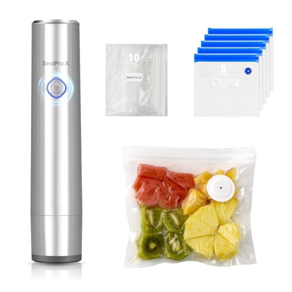 Portable Handheld Vacuum Sealer for Food Preservation, Cordless Vacuum Sealer Mini Sealer + 15 Reusable Sous Vide Bags