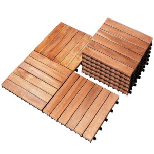 PrimeZone 9 PCS Interlocking Patio Deck Tiles - 12" x 12" Indoor Outdoor Solid Acacia Wood Flooring for Balcony, Backyard, Garden & Poolside, Natural Wood