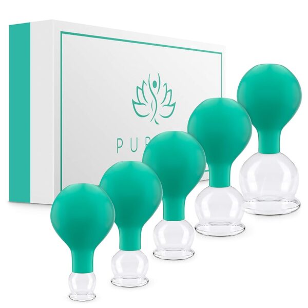 PURAVA Cupping Therapy Set with Suction Ball, Glass Cupping Set for Neck, Face and Body for Tension, Back Pain and Cellulite - Set of 5