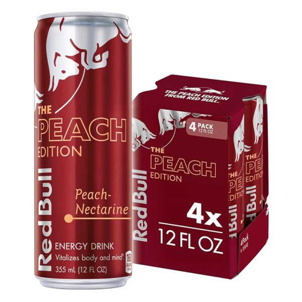 Red Bull Peach Edition Energy Drink, Peach Nectarine, with 114mg Caffeine plus Taurine & B Vitamins, 12 Fl Oz, Pack of 4 Cans