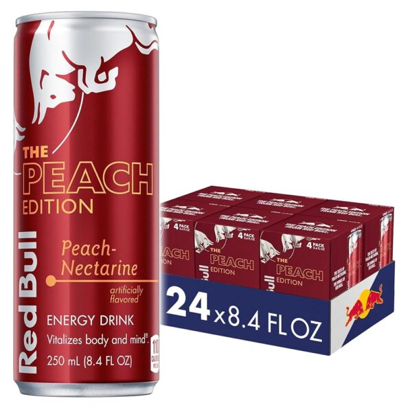 Red Bull Peach Edition Energy Drink, Peach Nectarine, with 80mg Caffeine plus Taurine & B Vitamins, 8.4 Fl Oz, 6 Packs of 4 Cans (Pack of 24)