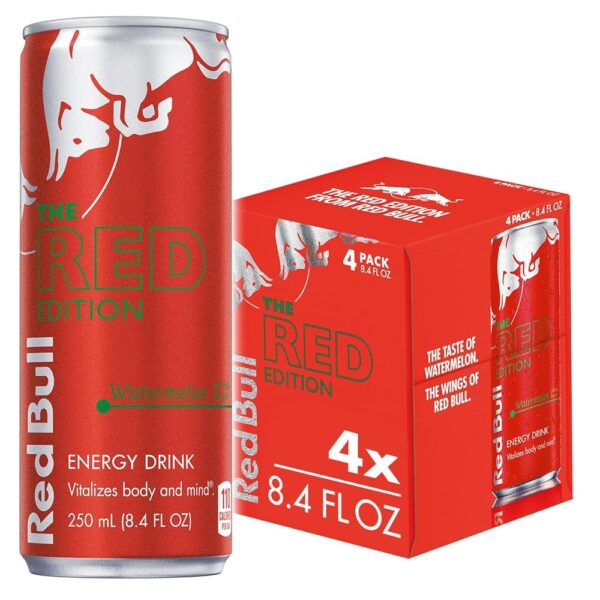 Red Bull Red Edition Energy Drink, Watermelon, with 80mg Caffeine plus Taurine & B Vitamins, 8.4 Fl Oz, Pack of 4 Cans