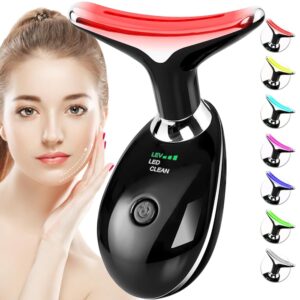 Red-Light-Therapy-for-Face-and-Neck, 7 Color Face Massager Tool for Wrinkles, Double Chin, Vibrating Facial Massager with Thermals for Skin Care, Glossy Black