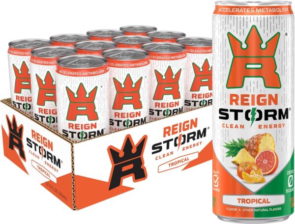 REIGN Storm, Tropical, Fitness & Wellness Energy Drink, 12 Fl Oz (Pack of 12)