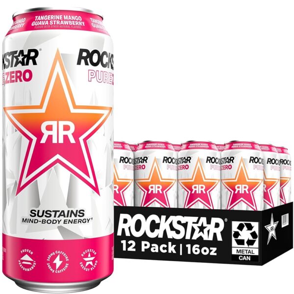 Rockstar Pure Zero Energy Drink, Tangerine Mango Guava Strawberryh, 0 Sugar, with Caffeine and Taurine, 16 Fl Oz (Pack of 12) (Packaging May Vary)