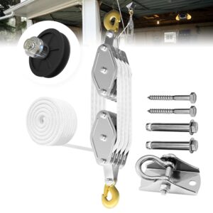 Rope Pulley Hoist 4400 LB, 8:1 Power Pulley Block and Tackle System, Pulley Block 65ft, Rope Hoist for Garage Warehouse Constructions with 1 Swing Hanger 2 Screws 2 Expansion Bolts