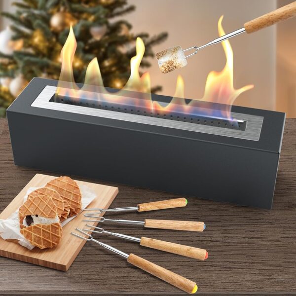 Safe Tabletop Fire Pit with 4 Roasting Sticks - Metal Outdoor & Indoor Fire Pit Tabletop Fireplace,Portable Smokeless Ethanol Firepit Bowl, Housewarming Gift,Rectangle-Charcoal...
