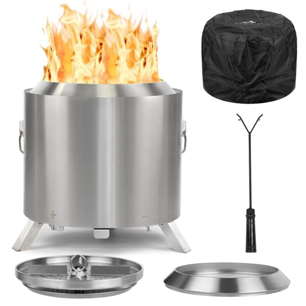 Smokeless Fire Pit, Foldable Feet Portable Outdoor Firepit with Wood Burning,304 Stainless Steel Fire Pits with Removable Ash Pan,Ideal for Camping,H: 18.2 in x Dia: 17.8 in, 22...