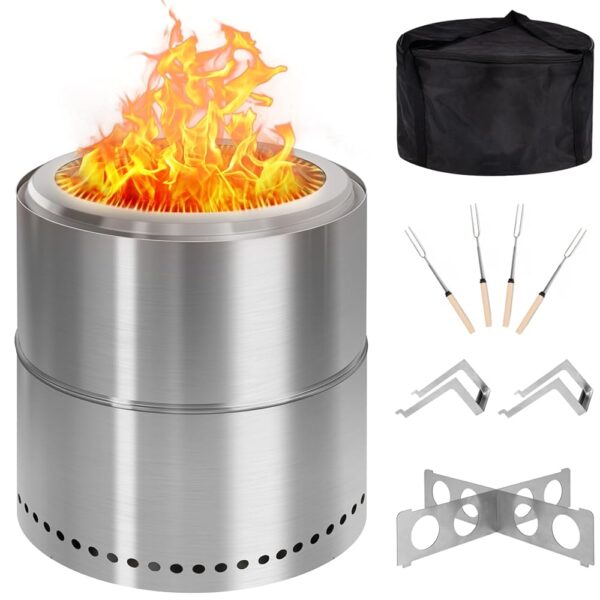 Smokeless-FirePit | 15.5 in | Portable-Outdoor-Fire-Pits | Stainless-Steel Solo Fire Pit for Outside Camping | X-Stand | Carry Bag | Handles | 4 BBQ Forks | Low Smoke Stove