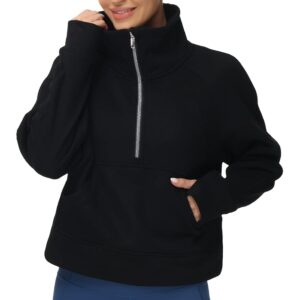 THE GYM PEOPLE Womens' Half Zip Pullover Fleece Stand Collar Crop Sweatshirt with Pockets Thumb Hole