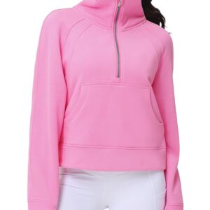 THE GYM PEOPLE Womens' Half Zip Pullover Fleece Stand Collar Crop Sweatshirt with Pockets Thumb Hole