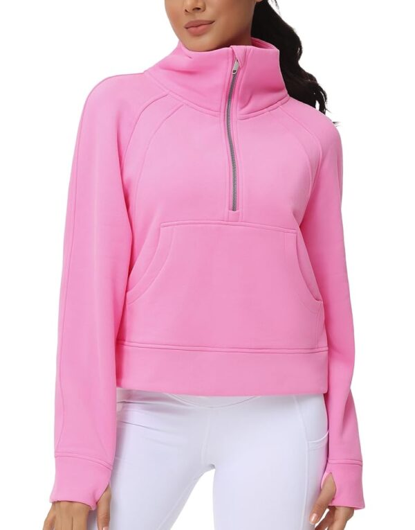 THE GYM PEOPLE Womens' Half Zip Pullover Fleece Stand Collar Crop Sweatshirt with Pockets Thumb Hole