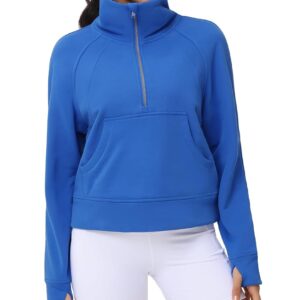 THE GYM PEOPLE Womens' Half Zip Pullover Fleece Stand Collar Crop Sweatshirt with Pockets Thumb Hole