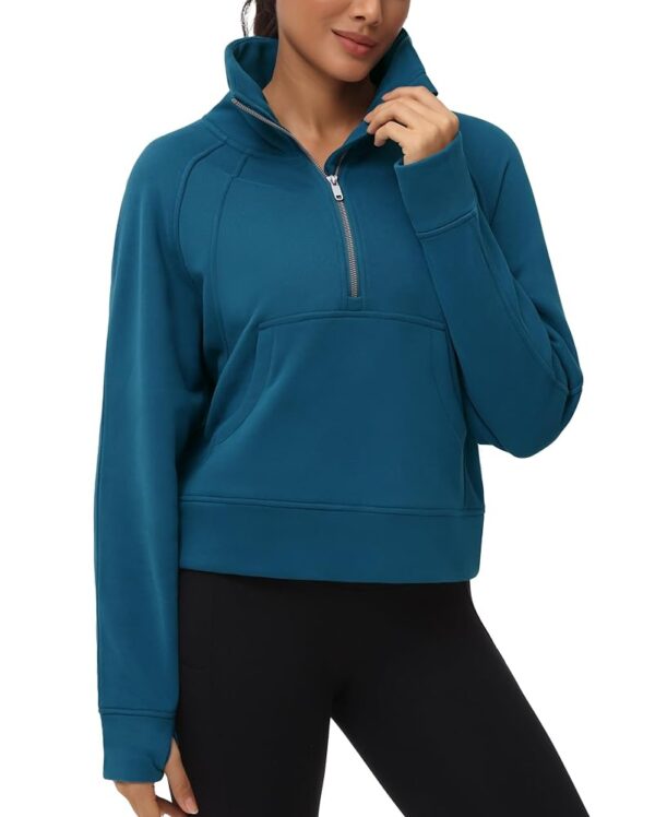 THE GYM PEOPLE Womens' Half Zip Pullover Fleece Stand Collar Crop Sweatshirt with Pockets Thumb Hole