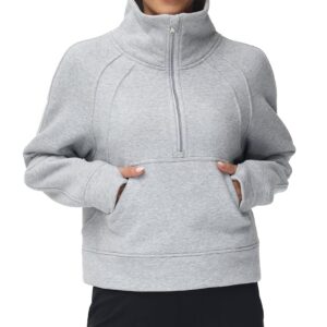 THE GYM PEOPLE Womens' Half Zip Pullover Fleece Stand Collar Crop Sweatshirt with Pockets Thumb Hole