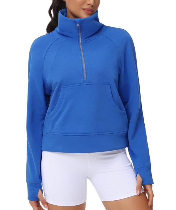 THE GYM PEOPLE Womens' Half Zip Pullover Fleece Stand Collar Crop Sweatshirt with Pockets Thumb Hole