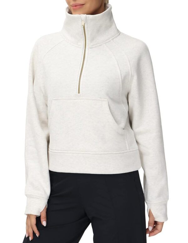 THE GYM PEOPLE Womens' Half Zip Pullover Fleece Stand Collar Crop Sweatshirt with Pockets Thumb Hole