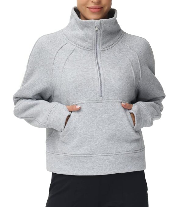 THE GYM PEOPLE Womens' Half Zip Pullover Fleece Stand Collar Crop Sweatshirt with Pockets Thumb Hole