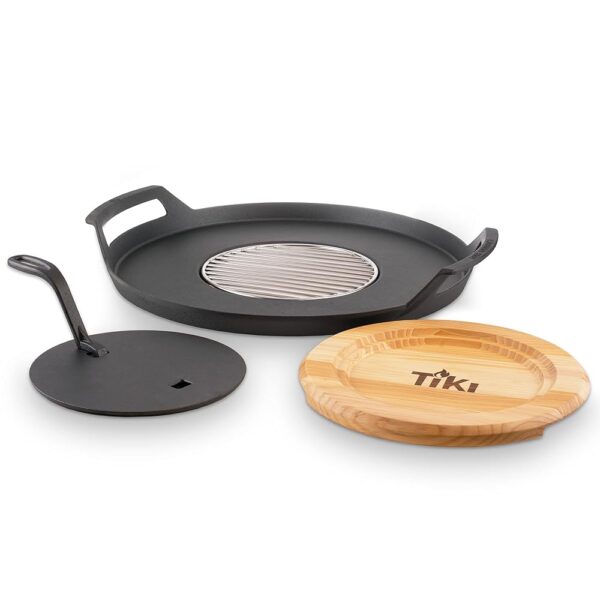 TIKI Brand Fire Pit Griddle, Cast Iron & Grill Combo, Griddle for Cooking on Fire Pits, Fits with most 16"-21" Smokeless Fire Pits, Wooden Trivet & Gloves Included,...