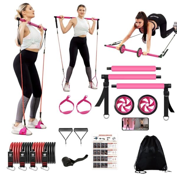 Ultimate Pilates bar kit.Multiple Fitness bar with Resistance Bands, Ab Rollers. Core Strength Training Equipment. Squat Machine for Men and Women. Portable Home Gym