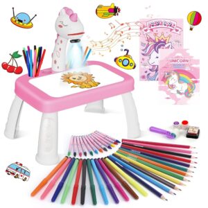 Unicorn Drawing Projector Table Set for Kids Girls Include Unicorn Art Supplies, Pink Doodle Sketcher Table Kit Toddler Tracing and Painting Projection