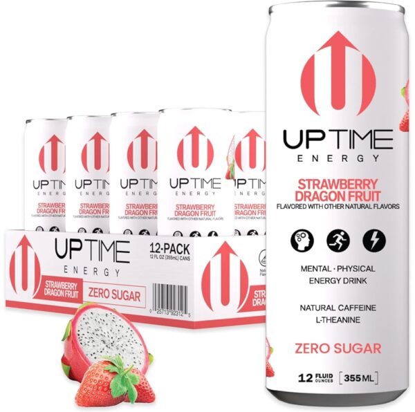 UPTIME Energy Drink, Strawberry Dragon Fruit Sparkling, 12 Pack, Vitamin C, L Theanine, Calcium, Sugar Free Energy Drinks for Focus Support, 142mg Natural Caffeine, 0 Calories,...